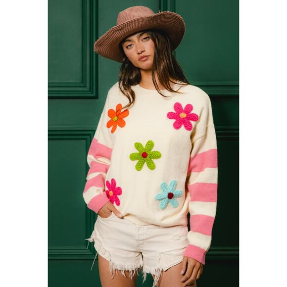 BiBi Colorful Floral Patches Striped Sleeves Relaxed Pullover Sweater | Oatmeal - Picture 4 of 9